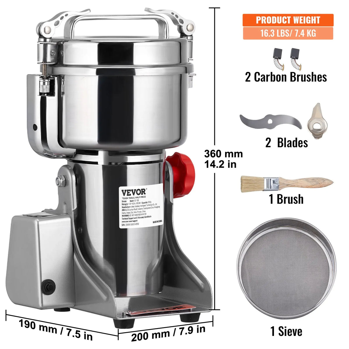 VEVOR Electric Grain and Spice Grinder 2500 g, 2500 W, Commercial, Stainless Steel