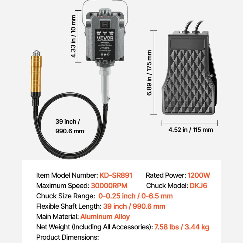 VEVOR elastīgās vārpstas slīpmašīna, 1200 W, 30 000 apgr./min elektriska rotācijas instrumenta komplekts ar kājas pedāļa vadību, piekarināms gravieris/slīpmašīna ar 112 piederumiem slīpēšanai, pulēšanai, apdarei un griešanai