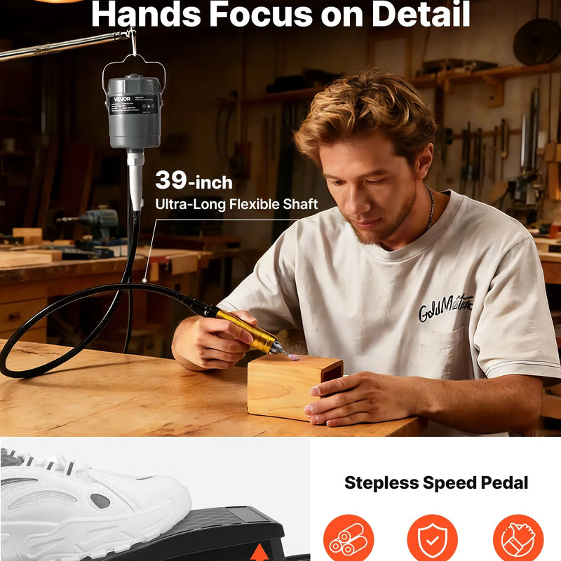 VEVOR elastīgās vārpstas slīpmašīna, 780 W, 25 000 apgr./min elektrisks rotācijas instruments ar kājas pedāļa vadību, piekarināms gravieris/slīpmašīna ar 112 piederumu komplektu slīpēšanai, pulēšanai, apdarei un griešanai