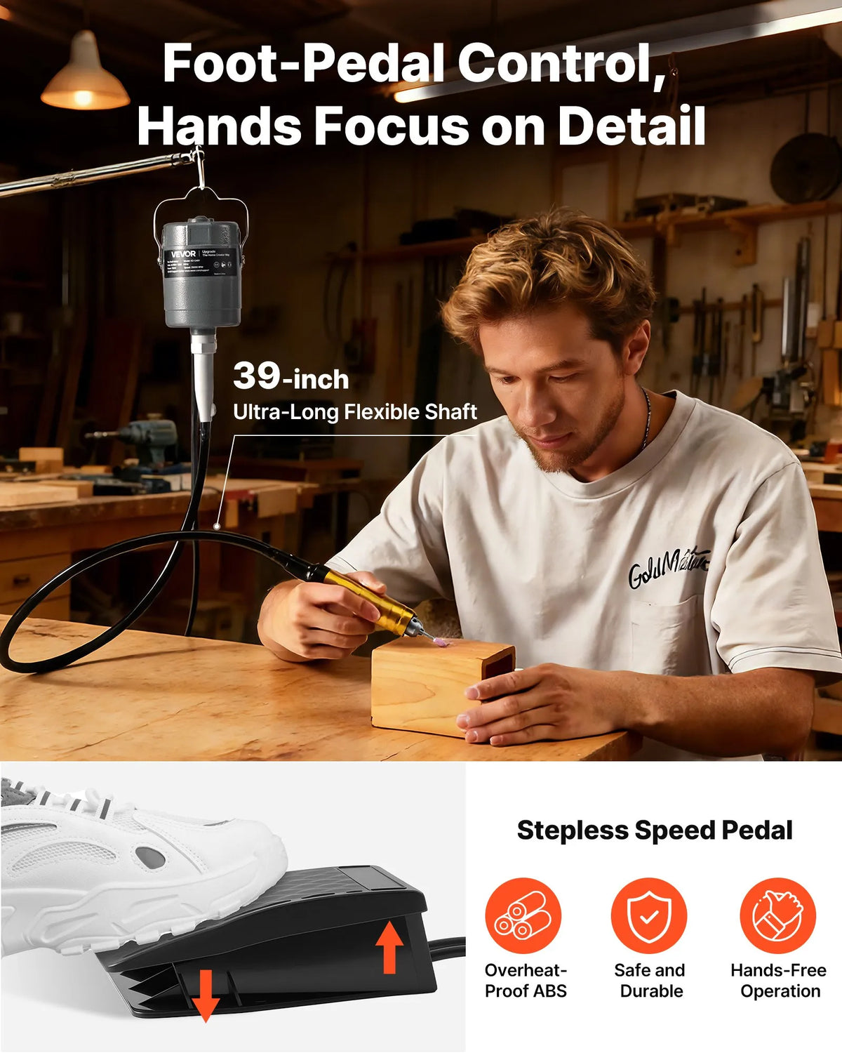 VEVOR Flexible Shaft Grinder, 780 W, 25,000 RPM Electric Rotary Tool with Foot Pedal Control, Hanging Engraver/Grinder with 112 Accessory Kit for Grinding, Polishing, Finishing and Cutting