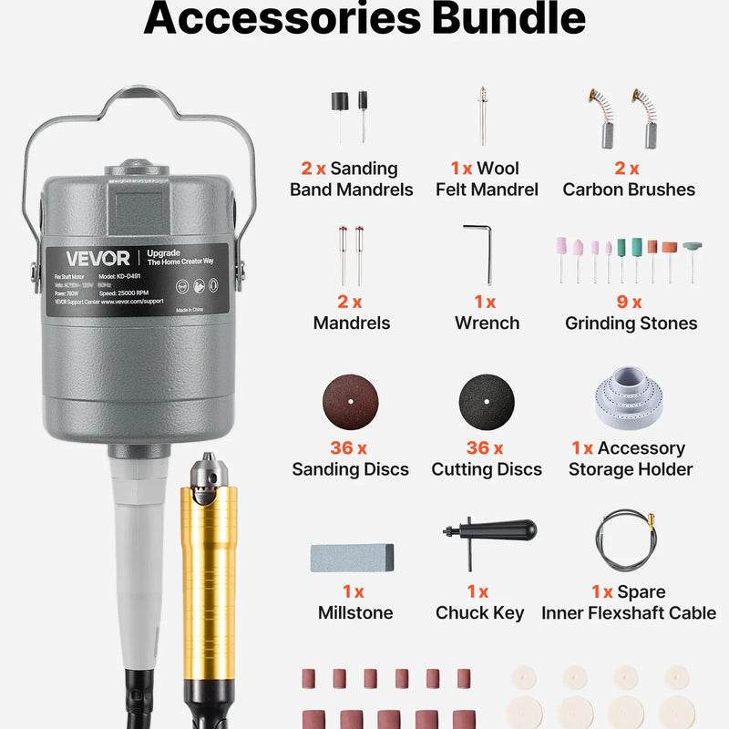 VEVOR elastīgās vārpstas slīpmašīna, 780 W, 25 000 apgr./min elektrisks rotācijas instruments ar kājas pedāļa vadību, piekarināms gravieris/slīpmašīna ar 112 piederumu komplektu slīpēšanai, pulēšanai, apdarei un griešanai