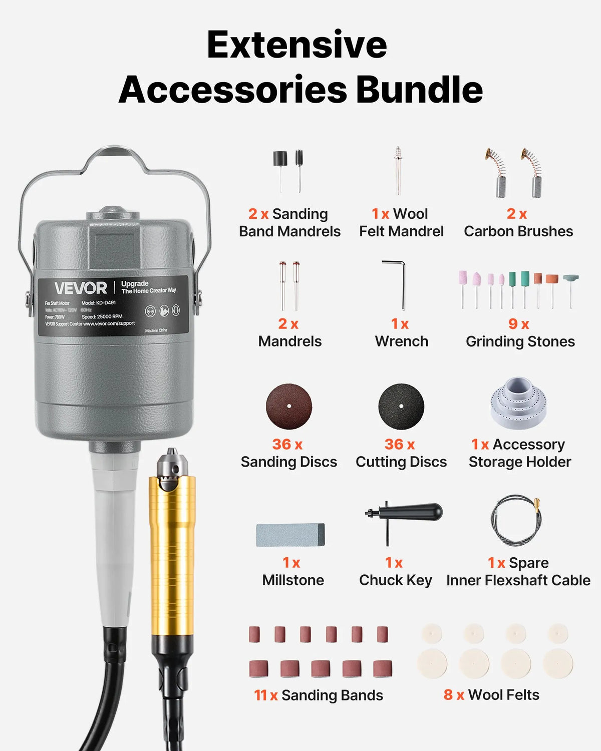 VEVOR Flexible Shaft Grinder, 780 W, 25,000 RPM Electric Rotary Tool with Foot Pedal Control, Hanging Engraver/Grinder with 112 Accessory Kit for Grinding, Polishing, Finishing and Cutting