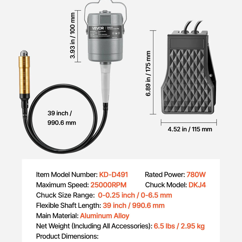 VEVOR elastīgās vārpstas slīpmašīna, 780 W, 25 000 apgr./min elektrisks rotācijas instruments ar kājas pedāļa vadību, piekarināms gravieris/slīpmašīna ar 112 piederumu komplektu slīpēšanai, pulēšanai, apdarei un griešanai