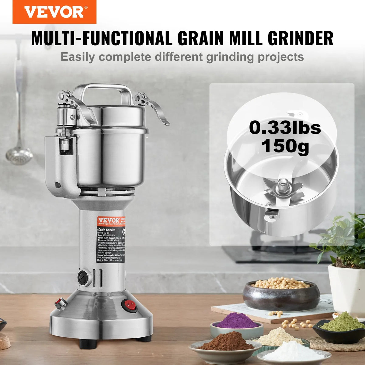 VEVOR Electric Spice Grinder 150 g, 850 W, Stainless Steel Pulveriser, Straight Type