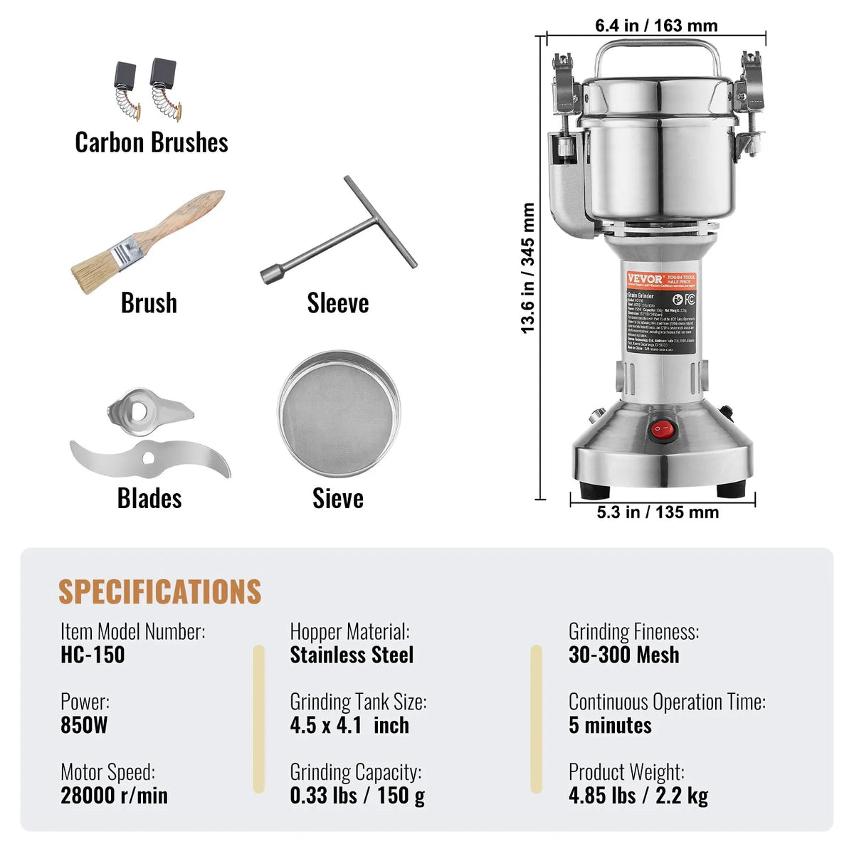 VEVOR Electric Spice Grinder 150 g, 850 W, Stainless Steel Pulveriser, Straight Type