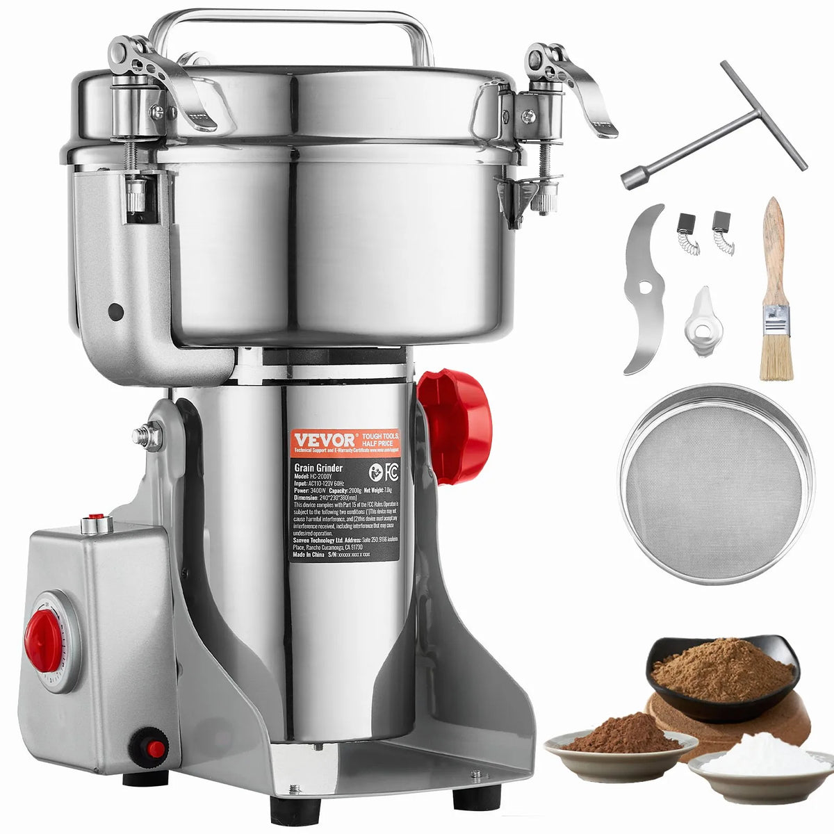 VEVOR Electric Grain Grinder 2000 g, 3400 W, Stainless Steel Pulveriser, Swing Type