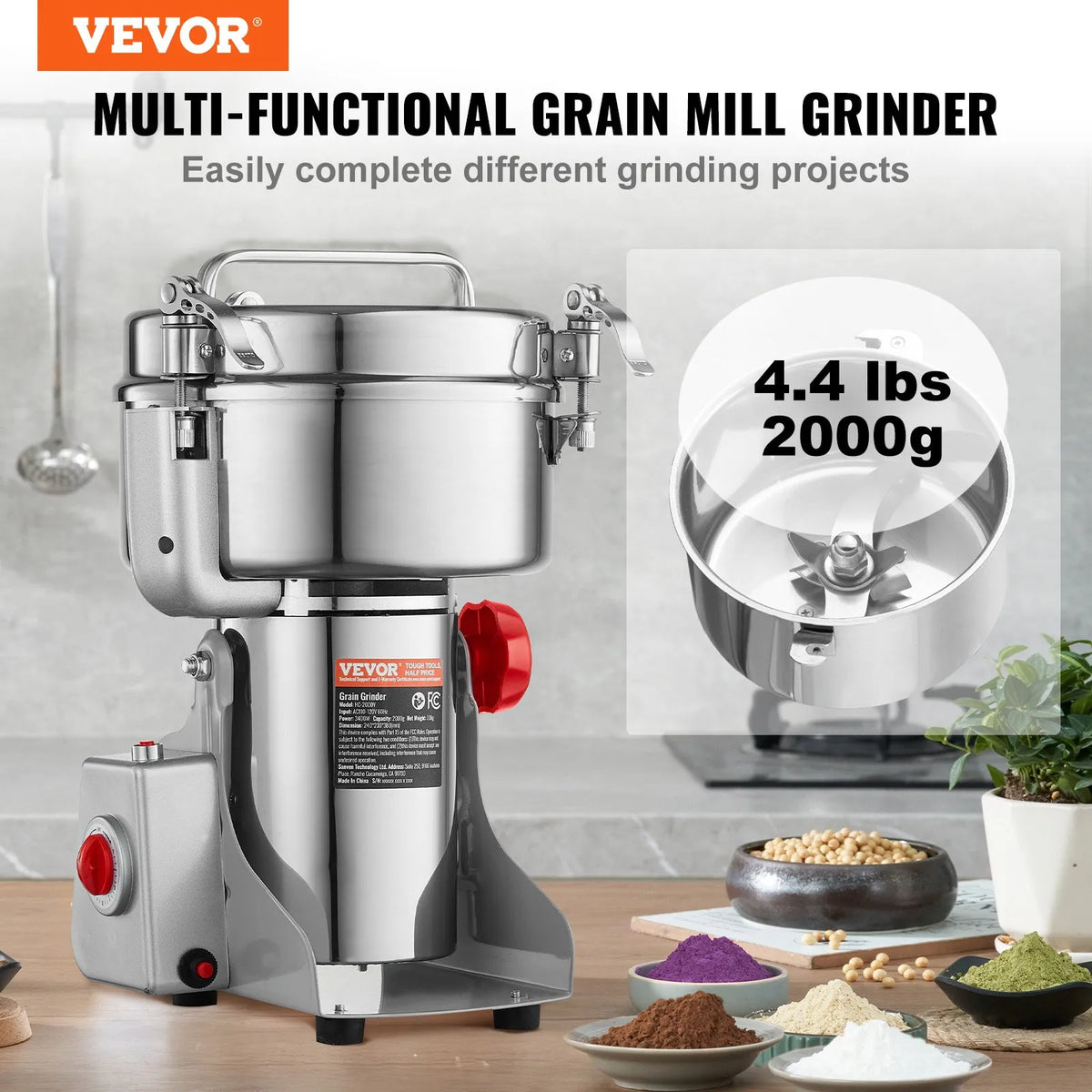 VEVOR Electric Grain Grinder 2000 g, 3400 W, Stainless Steel Pulveriser, Swing Type