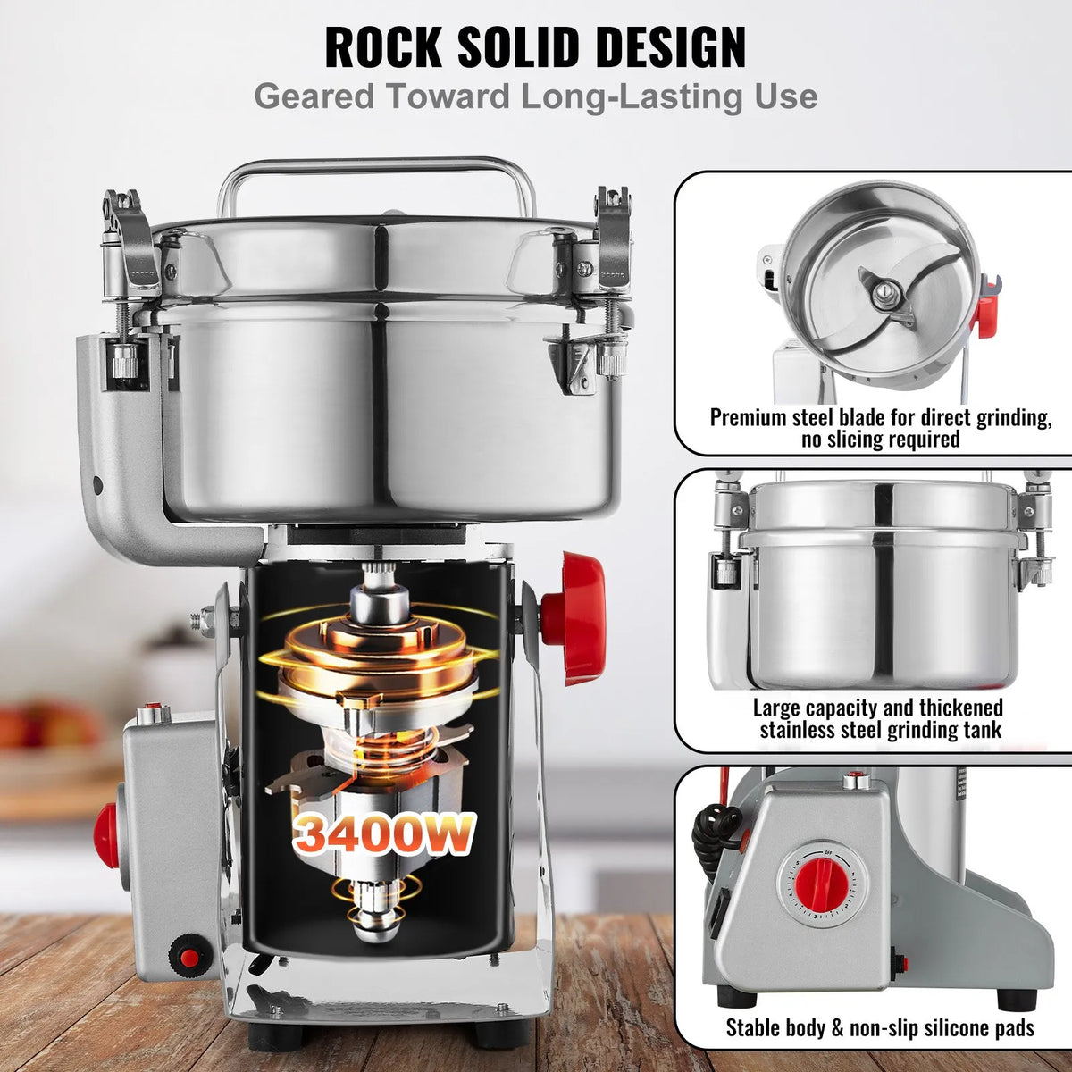 VEVOR Electric Grain Grinder 2000 g, 3400 W, Stainless Steel Pulveriser, Swing Type