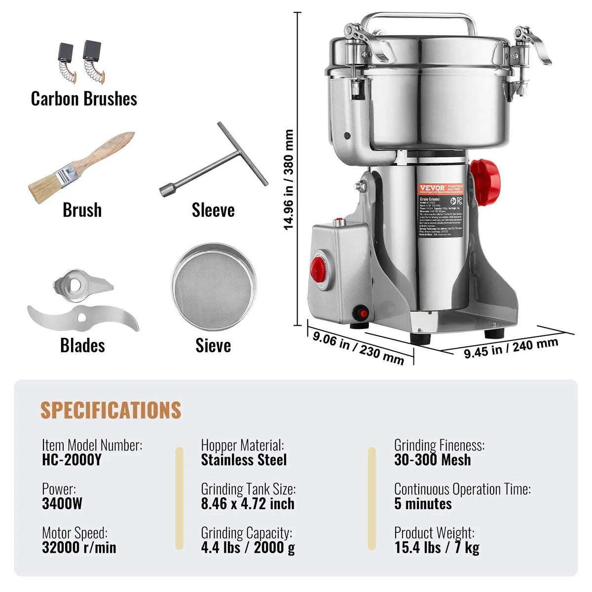VEVOR Electric Grain Grinder 2000 g, 3400 W, Stainless Steel Pulveriser, Swing Type