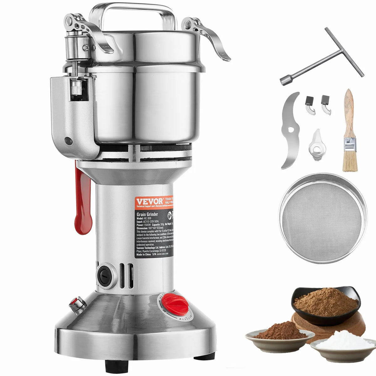 VEVOR Electric Grain Grinder 300 g, 1500 W, Stainless Steel Pulveriser, Straight Type