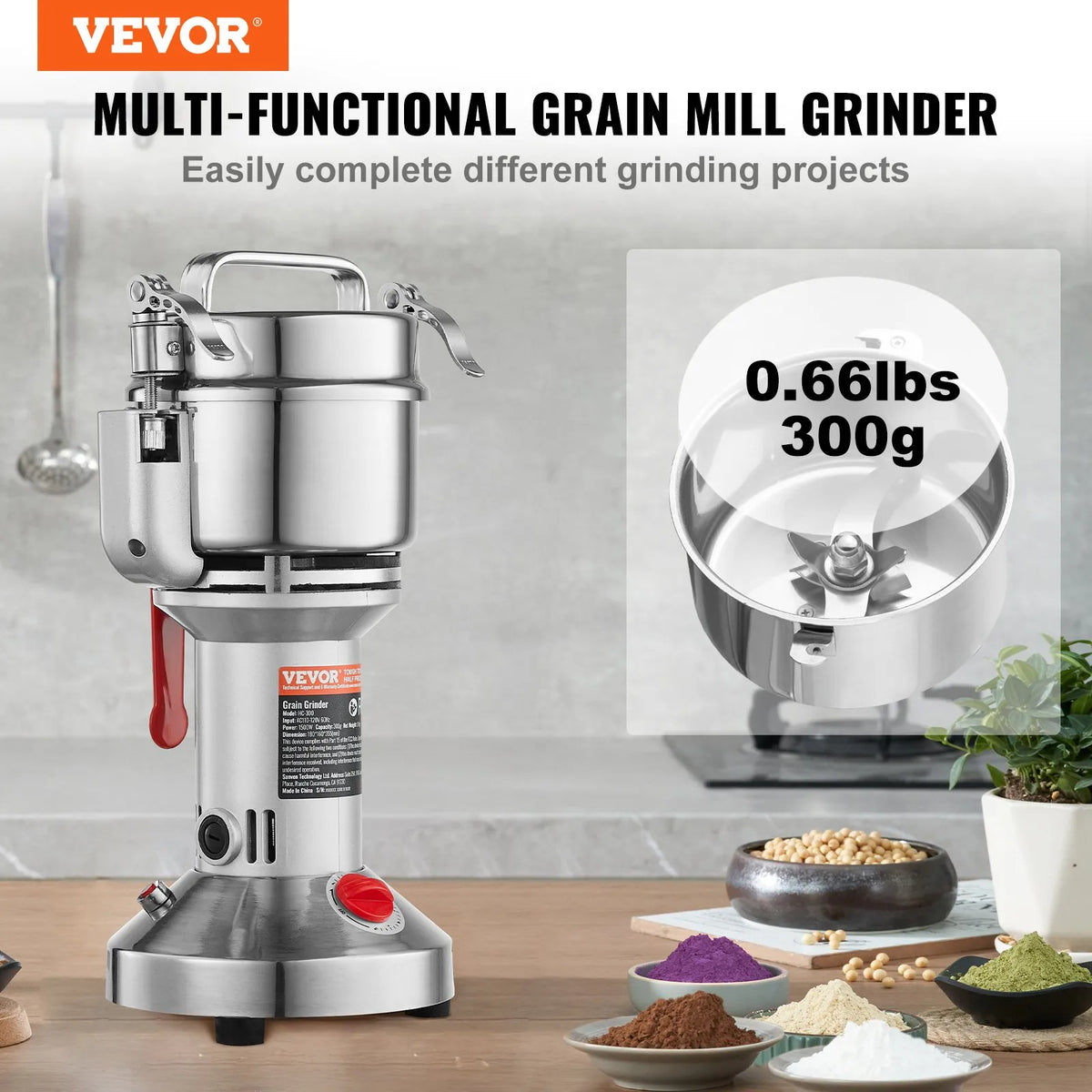VEVOR Electric Grain Grinder 300 g, 1500 W, Stainless Steel Pulveriser, Straight Type