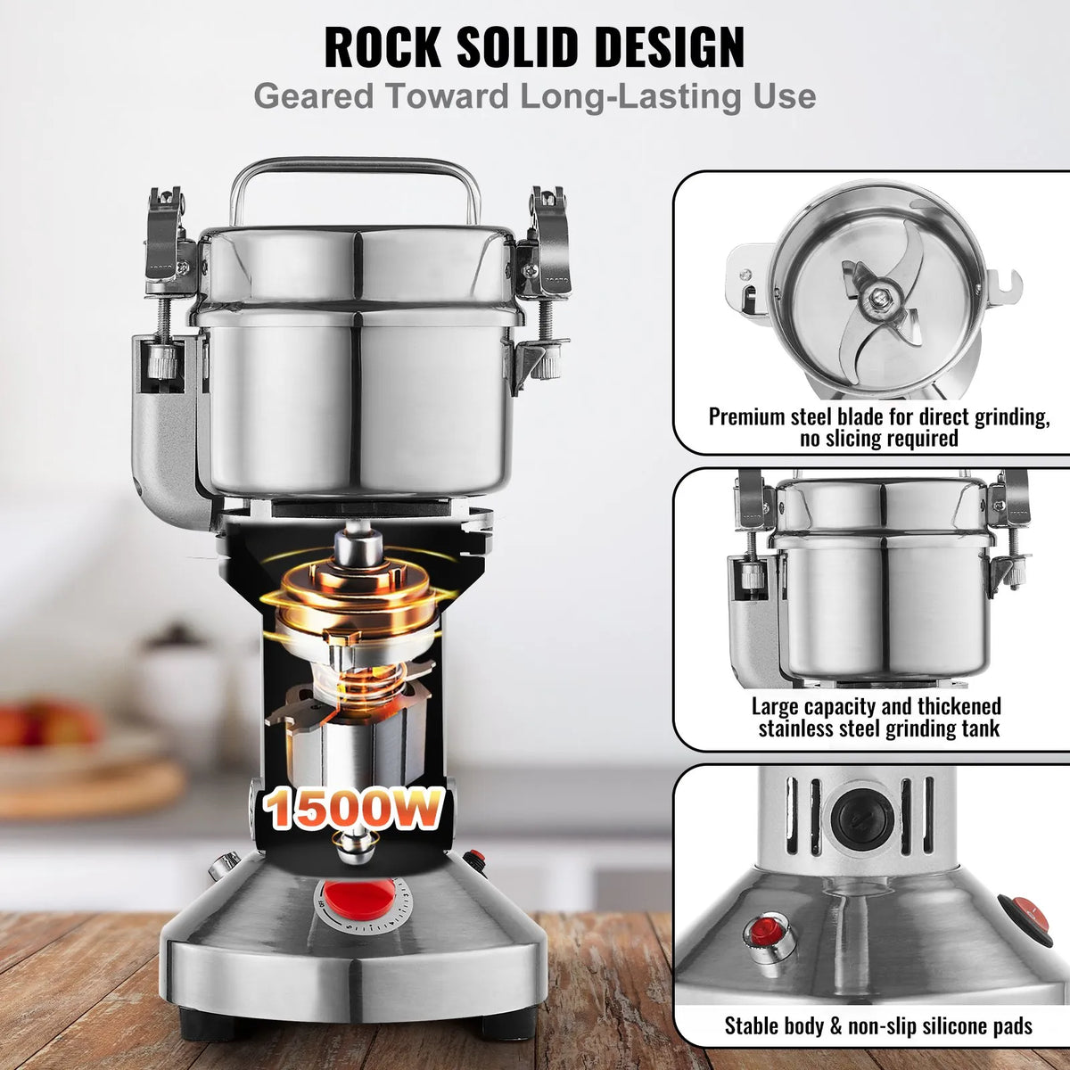 VEVOR Electric Grain Grinder 300 g, 1500 W, Stainless Steel Pulveriser, Straight Type