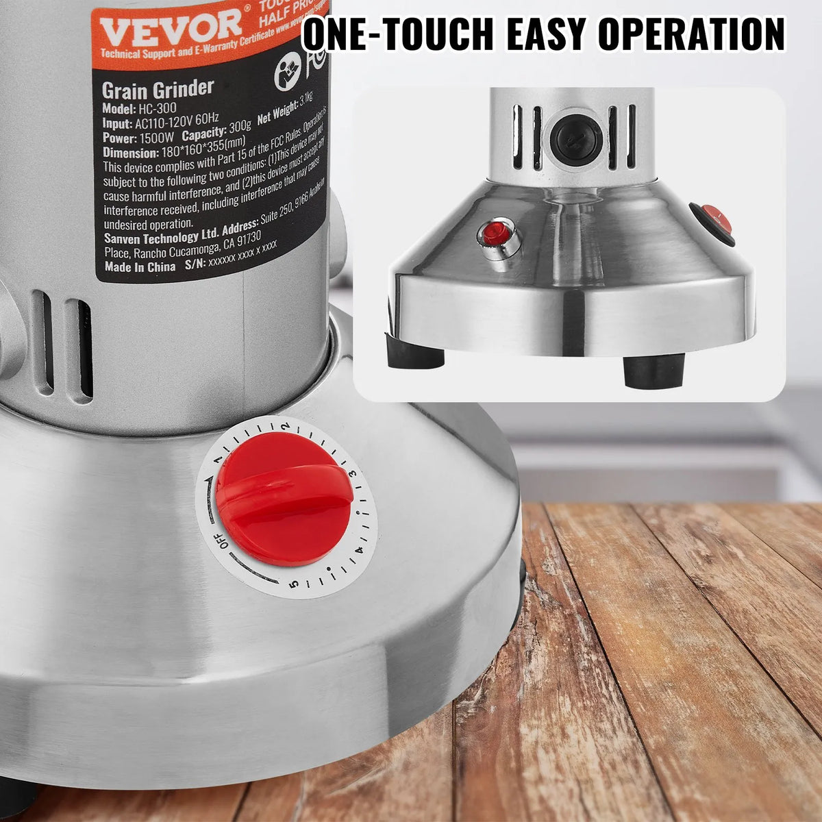 VEVOR Electric Grain Grinder 300 g, 1500 W, Stainless Steel Pulveriser, Straight Type