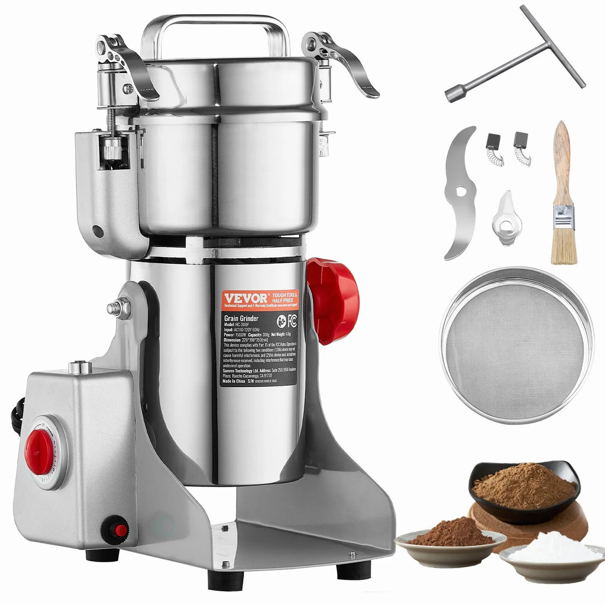 VEVOR Electric Grain Grinder 300 g, 1500 W, Stainless Steel Pulveriser, Swing Type
