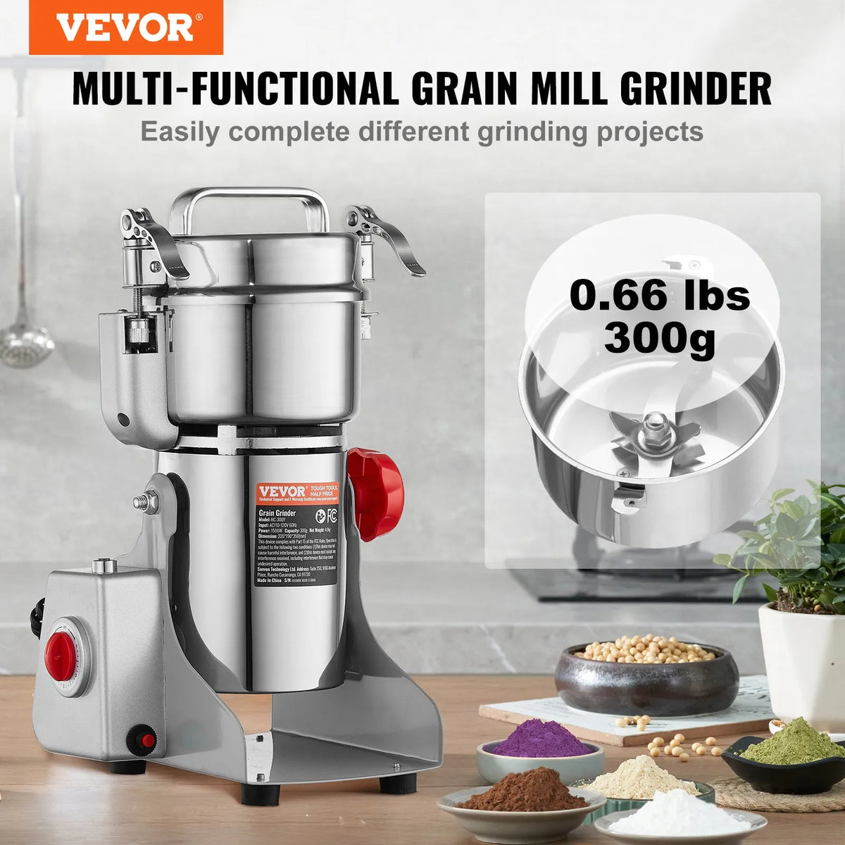 VEVOR Electric Grain Grinder 300 g, 1500 W, Stainless Steel Pulveriser, Swing Type