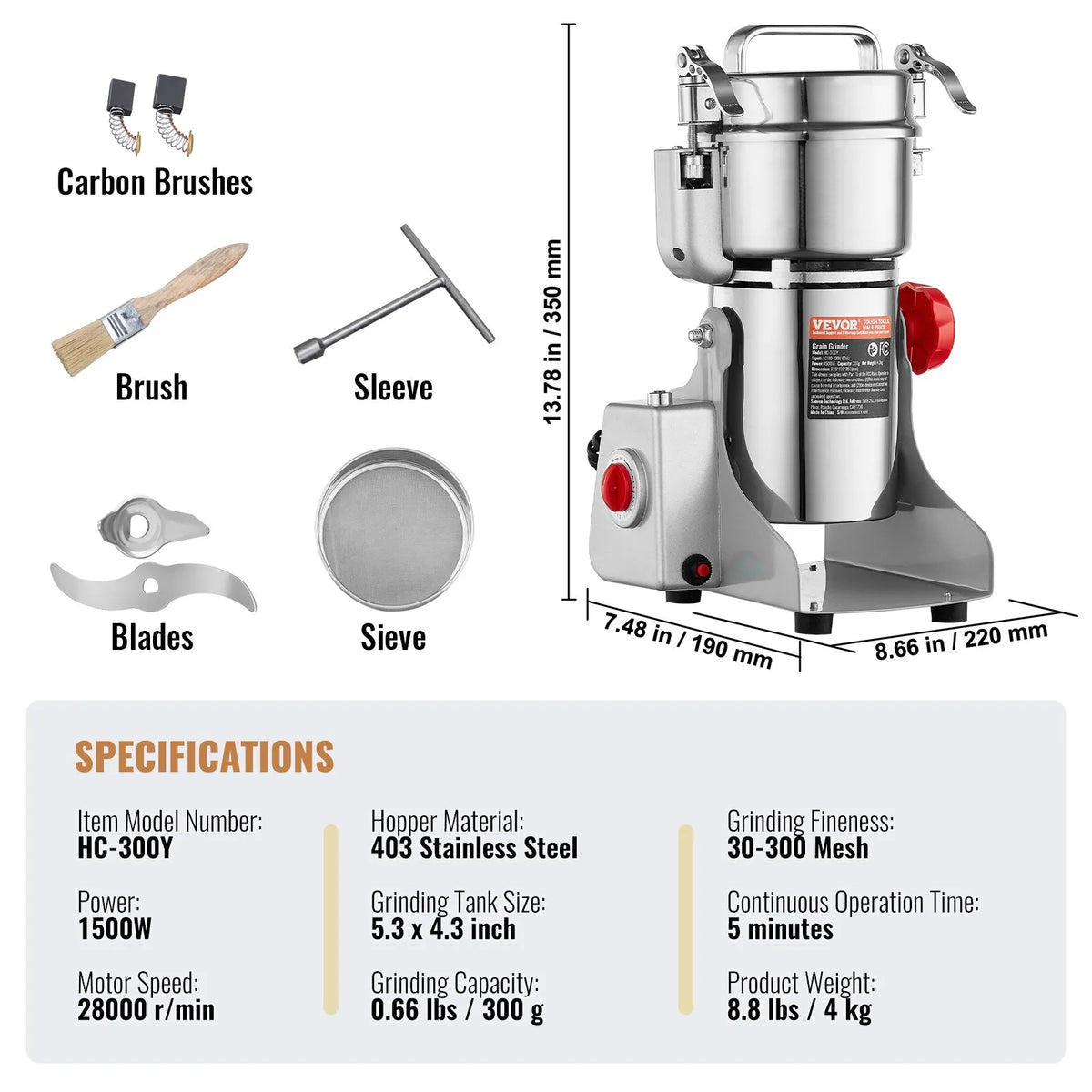 VEVOR Electric Grain Grinder 300 g, 1500 W, Stainless Steel Pulveriser, Swing Type