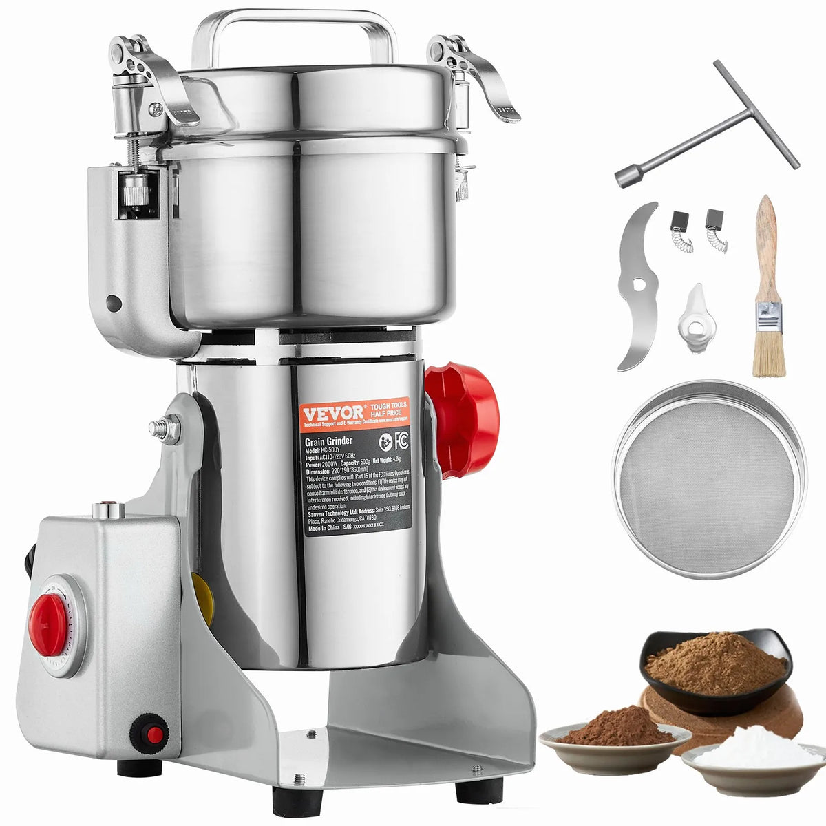 VEVOR Electric Grain Grinder 500 g, 2000 W, Stainless Steel Pulveriser, Swing Type