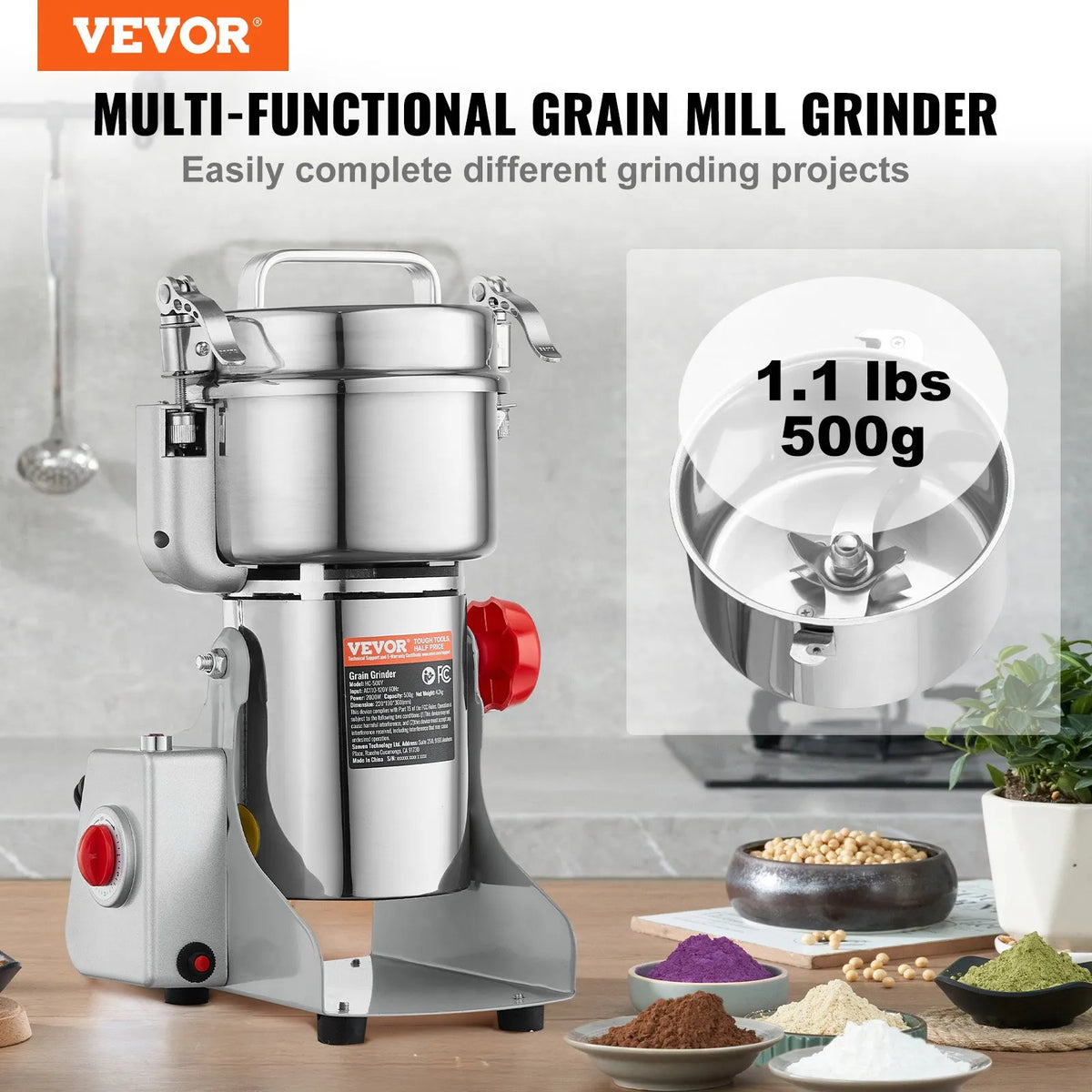 VEVOR Electric Grain Grinder 500 g, 2000 W, Stainless Steel Pulveriser, Swing Type