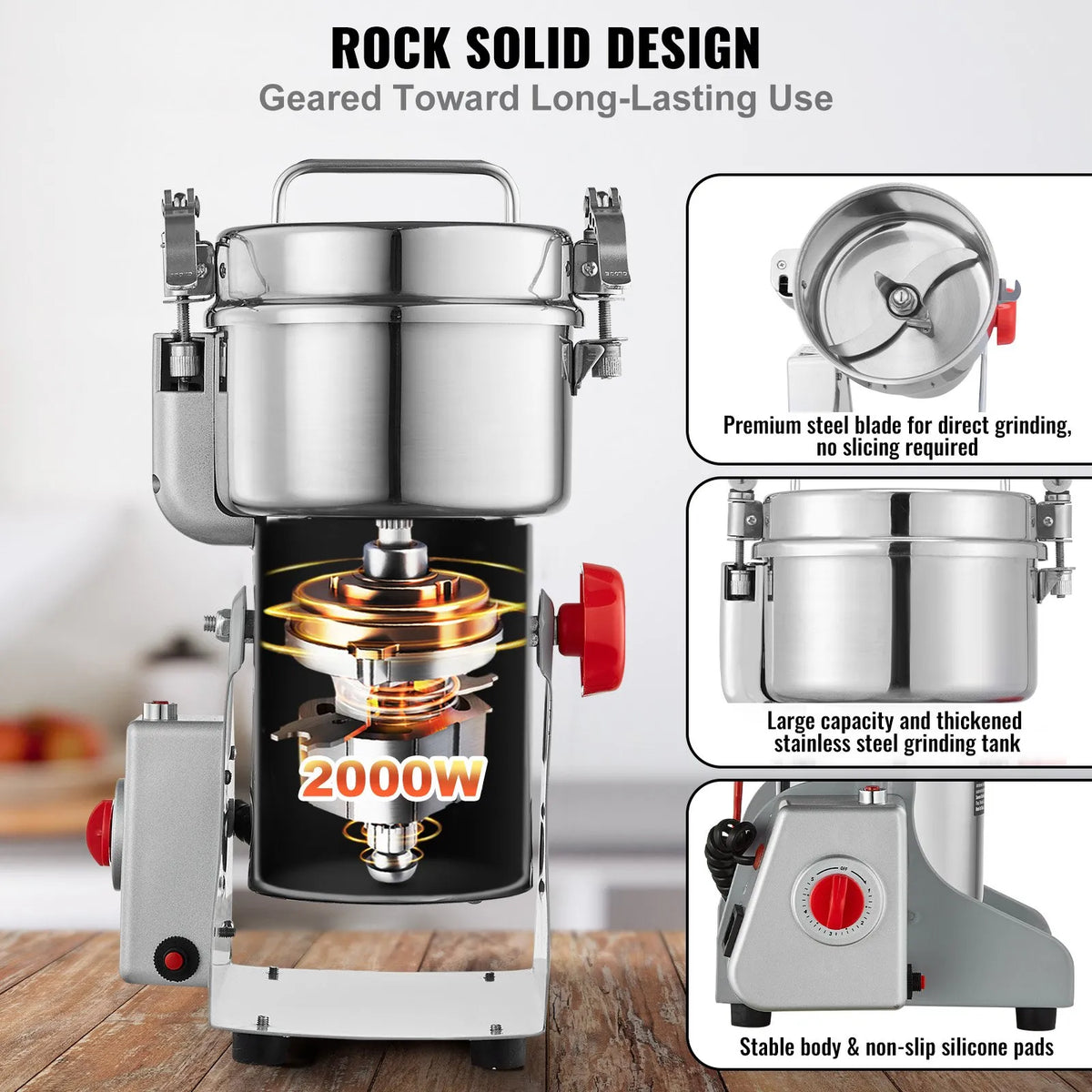 VEVOR Electric Grain Grinder 500 g, 2000 W, Stainless Steel Pulveriser, Swing Type