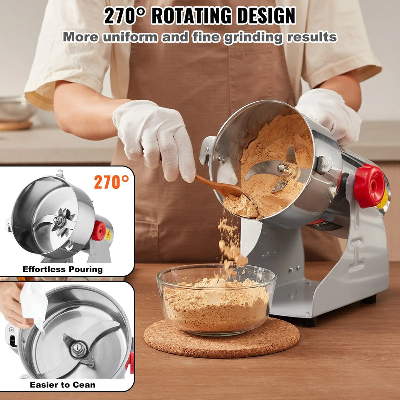 VEVOR 500 g elektriskās graudu dzirnaviņas, 2000 W augstas ātrdarbības komerciālā garšvielu malšanas iekārta, nerūsējošā tērauda pulverizators sausu graudu, garšvielu, graudaugu, kafijas, kukurūzas un piparu malšanai, šūpojamā tipa