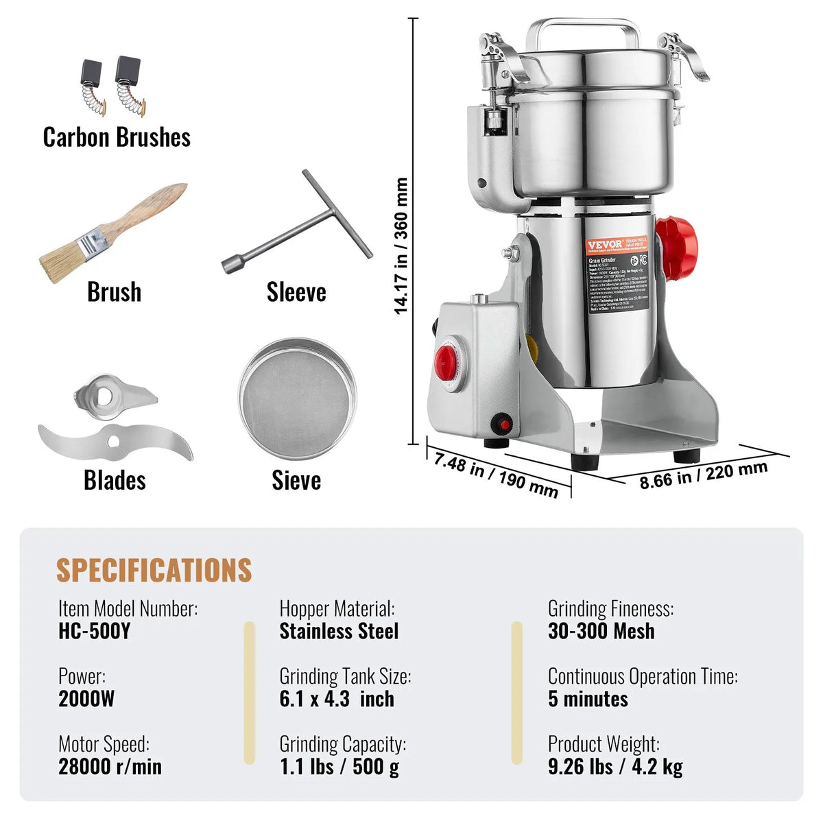 VEVOR Electric Grain Grinder 500 g, 2000 W, Stainless Steel Pulveriser, Swing Type
