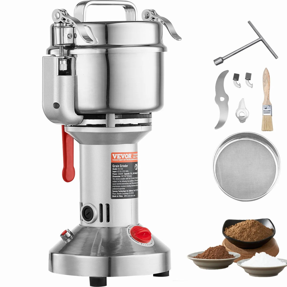 VEVOR Electric Grain Grinder 550 g, 2000 W, Stainless Steel Pulveriser, Straight Type