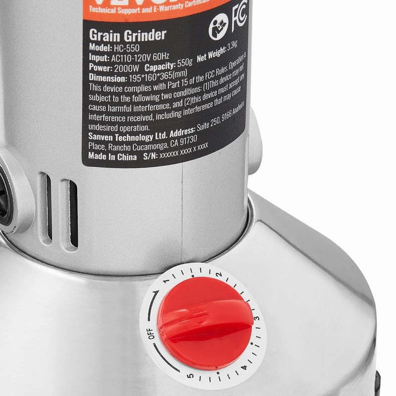 VEVOR 550 g elektriskās graudu dzirnaviņas, 2000 W augstas ātrdarbības komerciālā garšvielu malšanas iekārta, nerūsējošā tērauda pulverizators sausu graudu, garšvielu, graudaugu, kafijas, kukurūzas un piparu malšanai, taisnā tipa