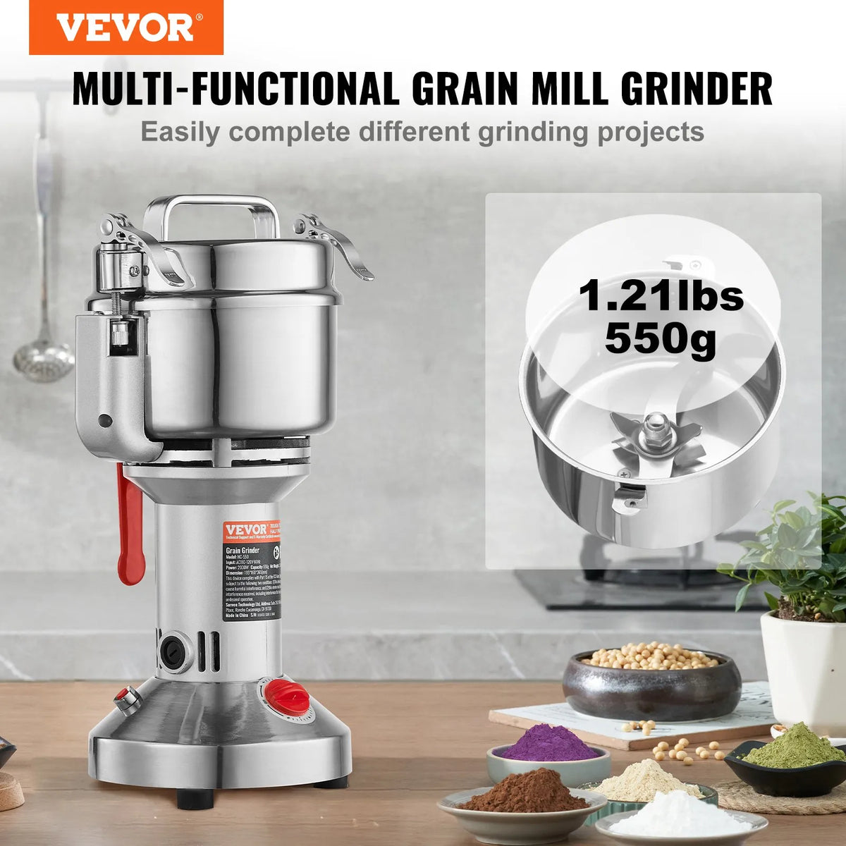 VEVOR Electric Grain Grinder 550 g, 2000 W, Stainless Steel Pulveriser, Straight Type