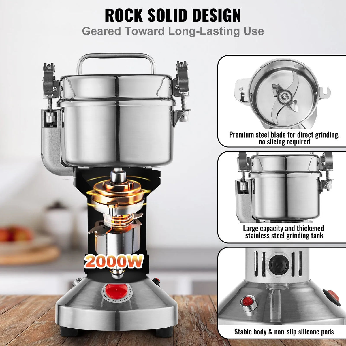 VEVOR Electric Grain Grinder 550 g, 2000 W, Stainless Steel Pulveriser, Straight Type