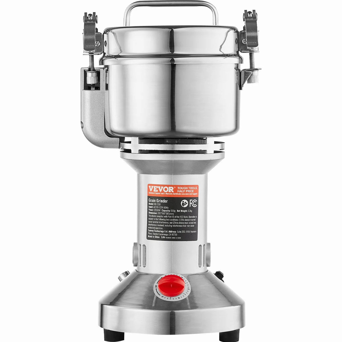 VEVOR Electric Grain Grinder 550 g, 2000 W, Stainless Steel Pulveriser, Straight Type