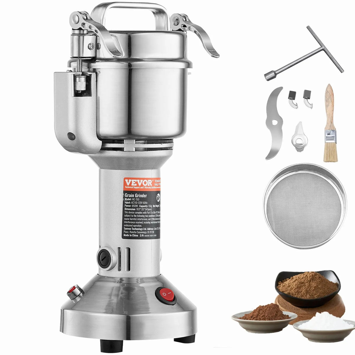 VEVOR Electric Grain Grinder 750 g, 2000 W, Stainless Steel Pulveriser, Straight Type