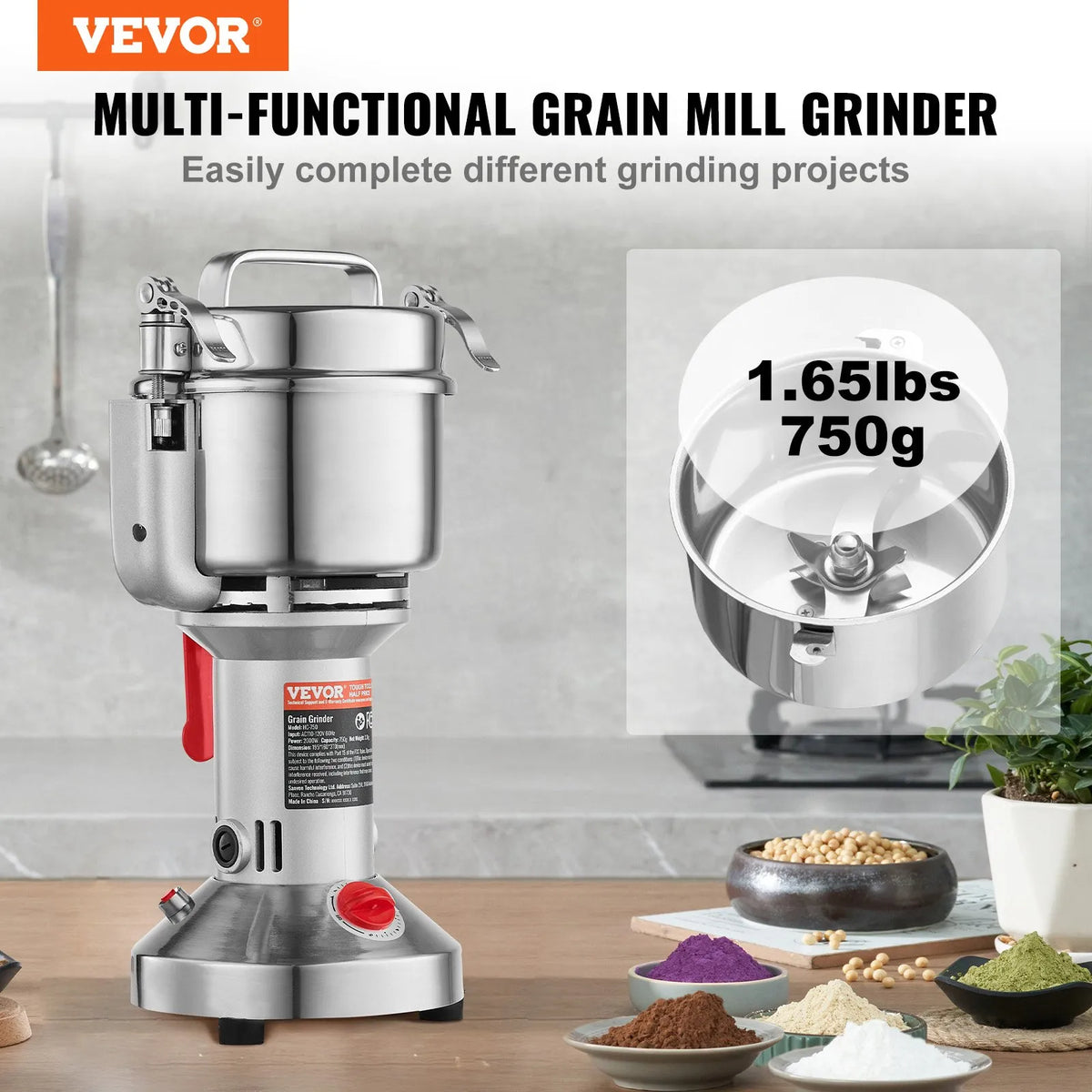 VEVOR Electric Grain Grinder 750 g, 2000 W, Stainless Steel Pulveriser, Straight Type