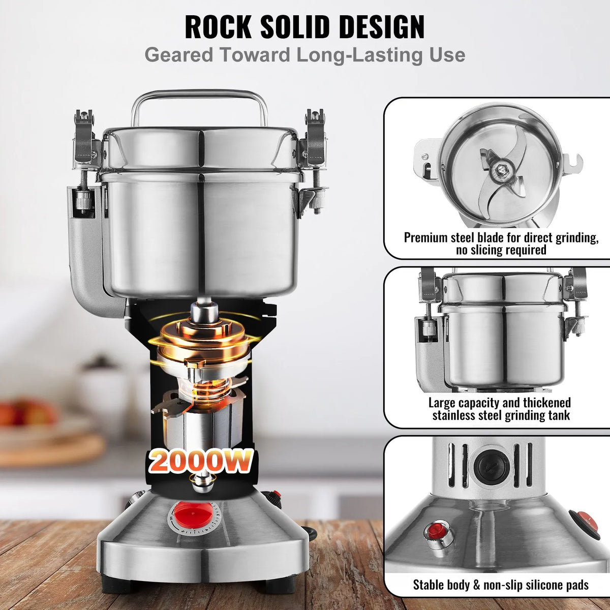 VEVOR Electric Grain Grinder 750 g, 2000 W, Stainless Steel Pulveriser, Straight Type