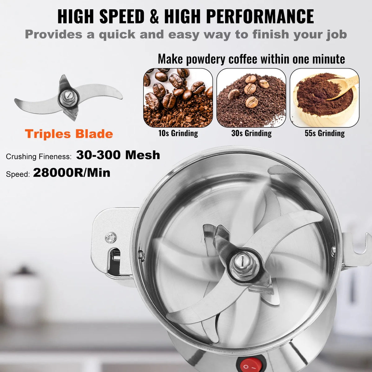 VEVOR Electric Grain Grinder 750 g, 2000 W, Stainless Steel Pulveriser, Straight Type