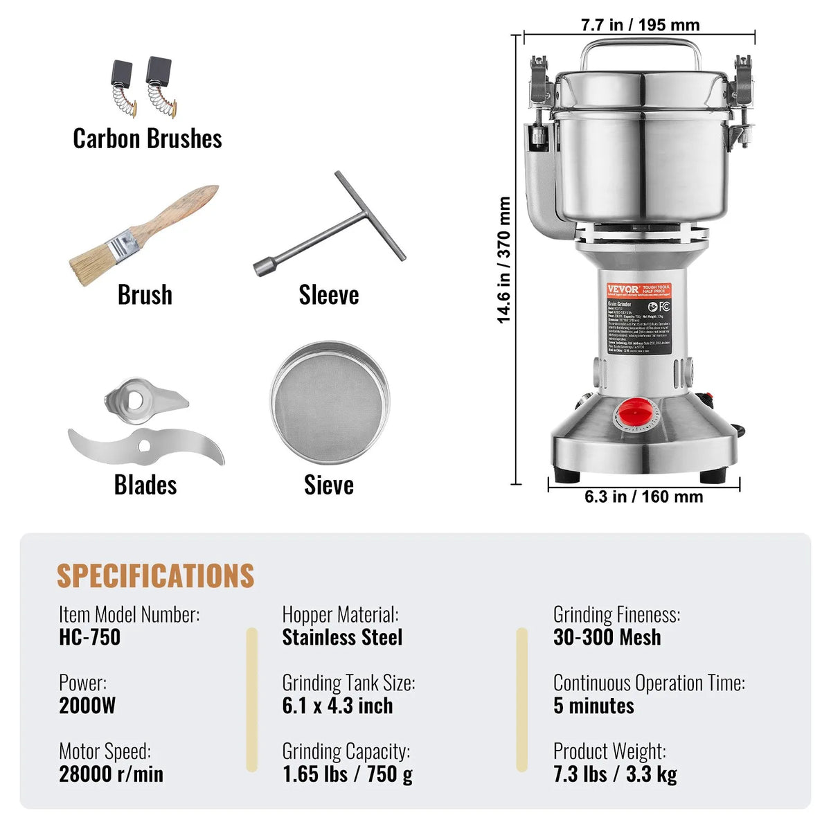 VEVOR Electric Grain Grinder 750 g, 2000 W, Stainless Steel Pulveriser, Straight Type