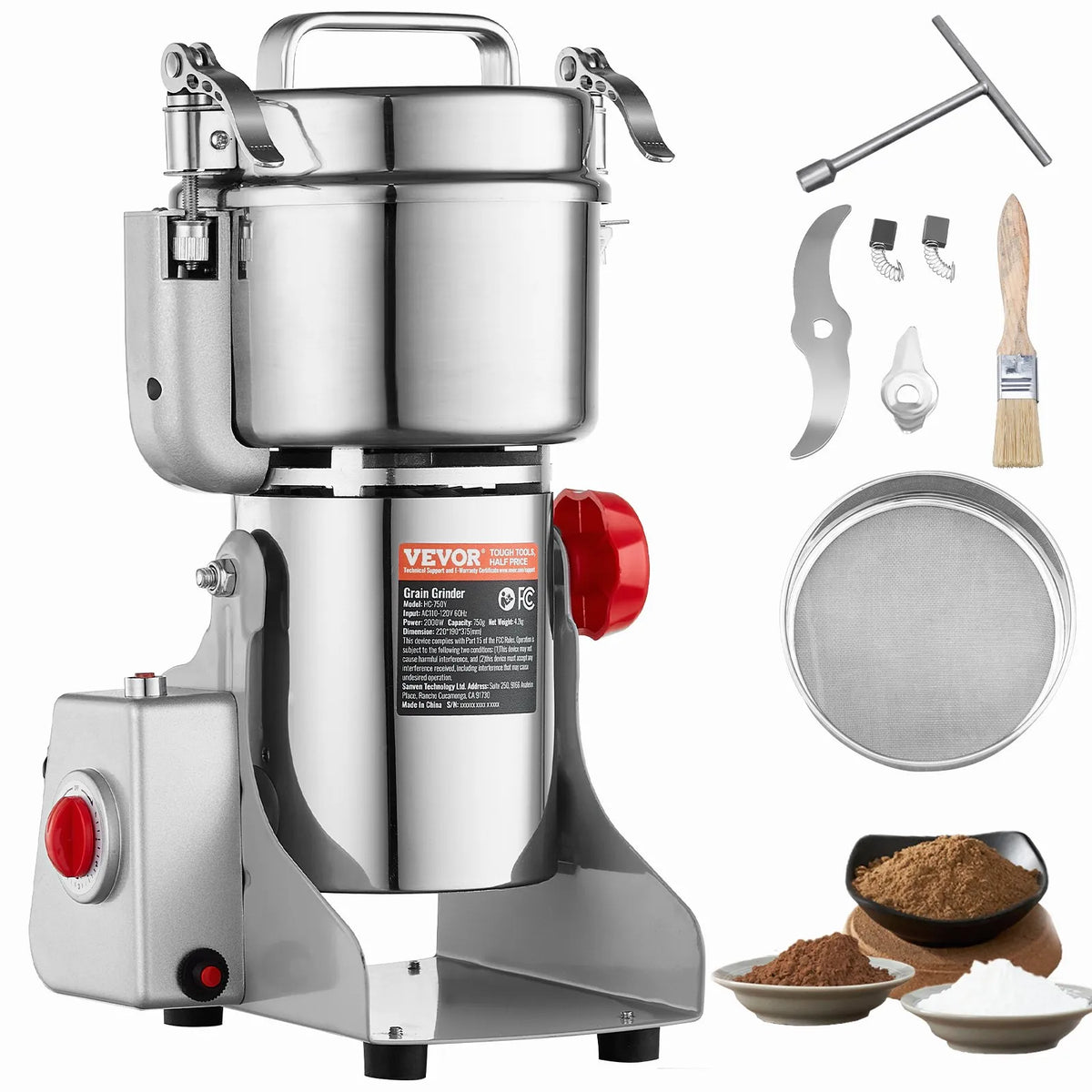 VEVOR Electric Grain Grinder 750 g, 2000 W, Stainless Steel Pulveriser, Swing Type