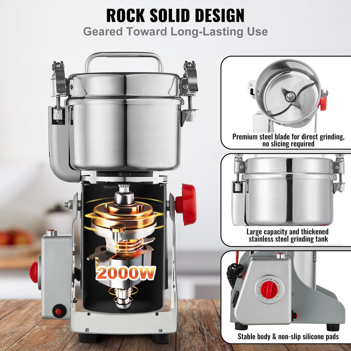 VEVOR Electric Grain Grinder 750 g, 2000 W, Stainless Steel Pulveriser, Swing Type