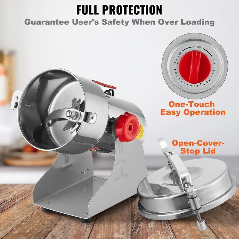 VEVOR 750 g elektriskās graudu dzirnaviņas, 2000 W augstas ātrdarbības komerciālā garšvielu malšanas iekārta, nerūsējošā tērauda pulverizators sausu graudu, garšvielu, graudaugu, kafijas, kukurūzas un piparu malšanai, šūpojamā tipa