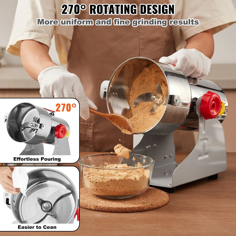 VEVOR 750 g elektriskās graudu dzirnaviņas, 2000 W augstas ātrdarbības komerciālā garšvielu malšanas iekārta, nerūsējošā tērauda pulverizators sausu graudu, garšvielu, graudaugu, kafijas, kukurūzas un piparu malšanai, šūpojamā tipa