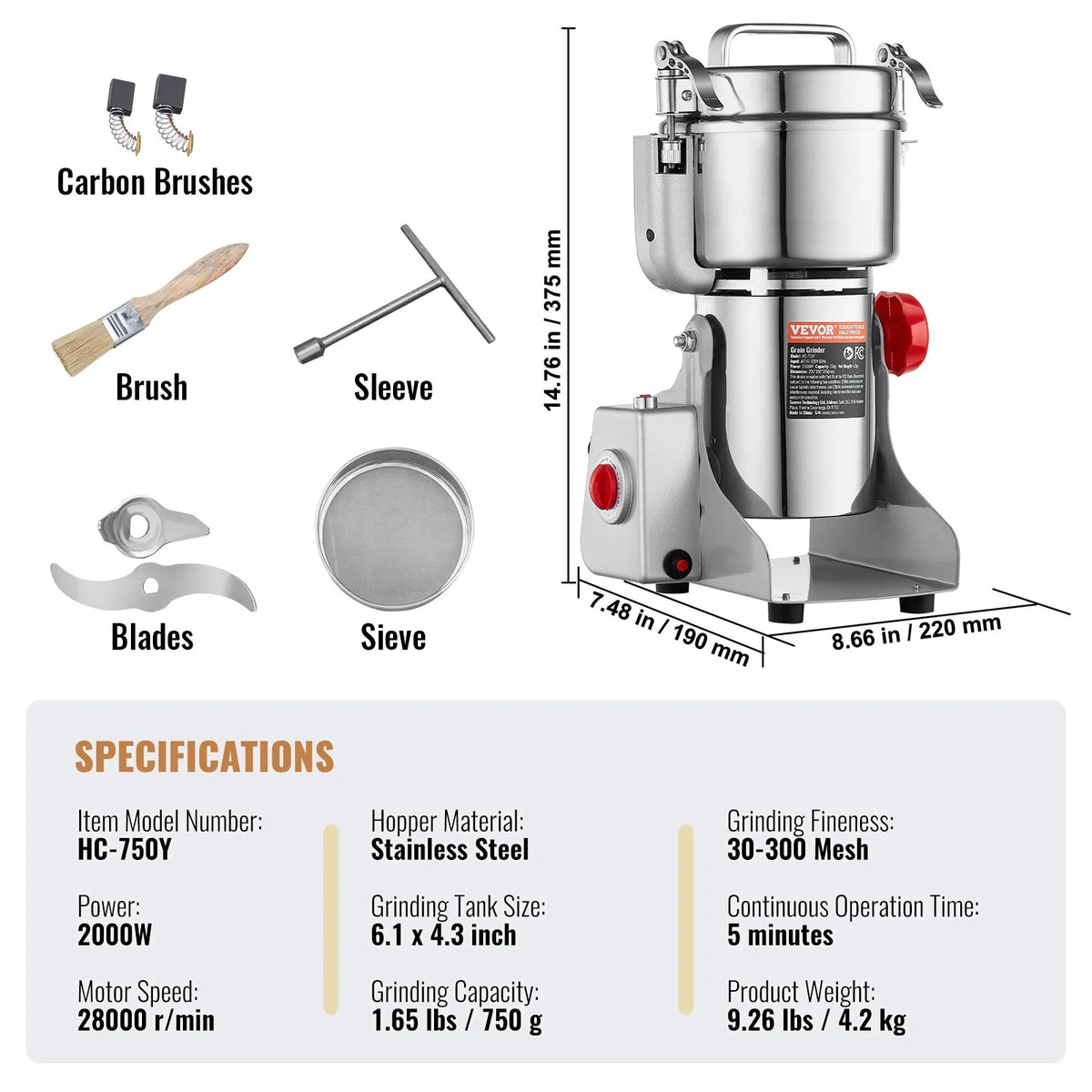 VEVOR Electric Grain Grinder 750 g, 2000 W, Stainless Steel Pulveriser, Swing Type