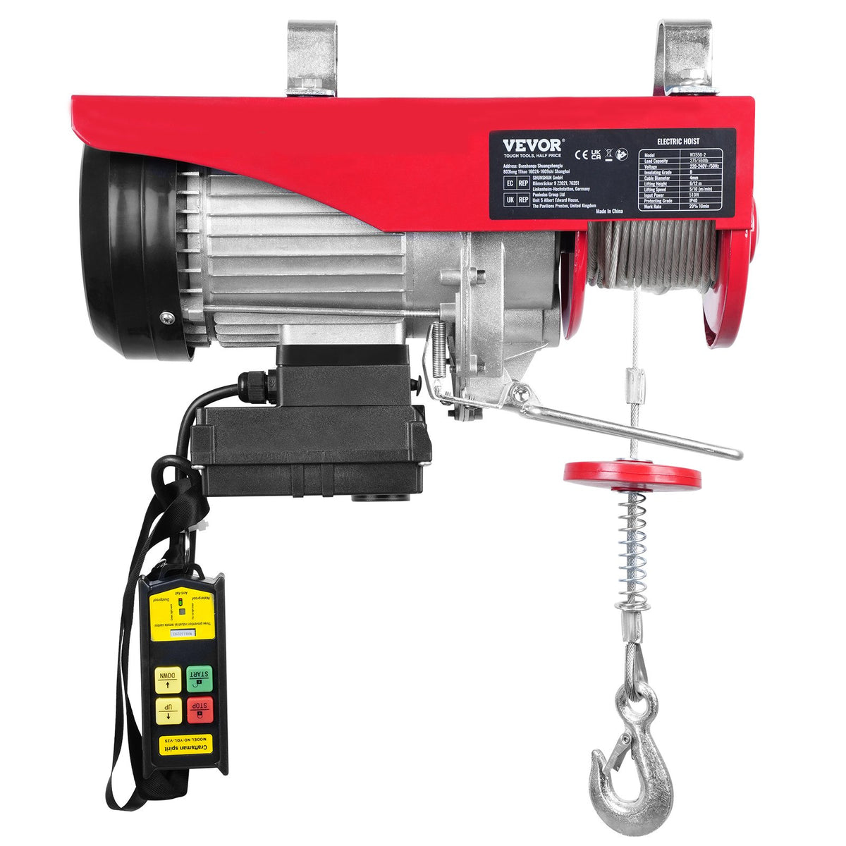 VEVOR Electric Hoist, 250 kg Lifting Capacity, 510 W, 220 V Steel Rope Winch with Wireless Remote Control, 12 m Lifting Height (Single Rope), Pure Copper Motor, Suitable for Garage, Warehouse, Factory