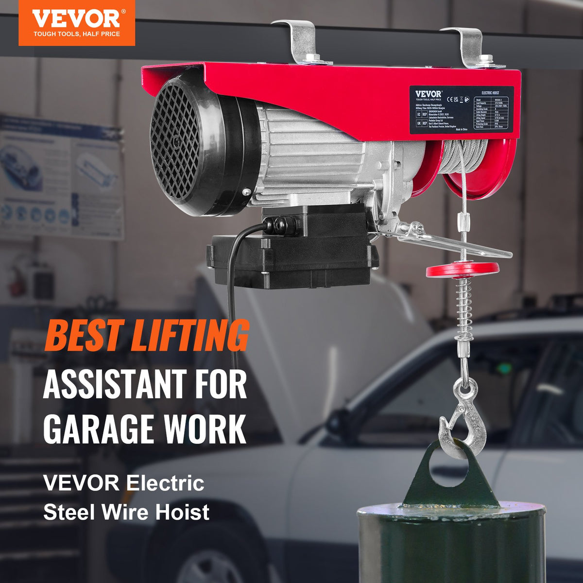 VEVOR Electric Hoist, 250 kg Lifting Capacity, 510 W, 220 V Steel Rope Winch with Wireless Remote Control, 12 m Lifting Height (Single Rope), Pure Copper Motor, Suitable for Garage, Warehouse, Factory