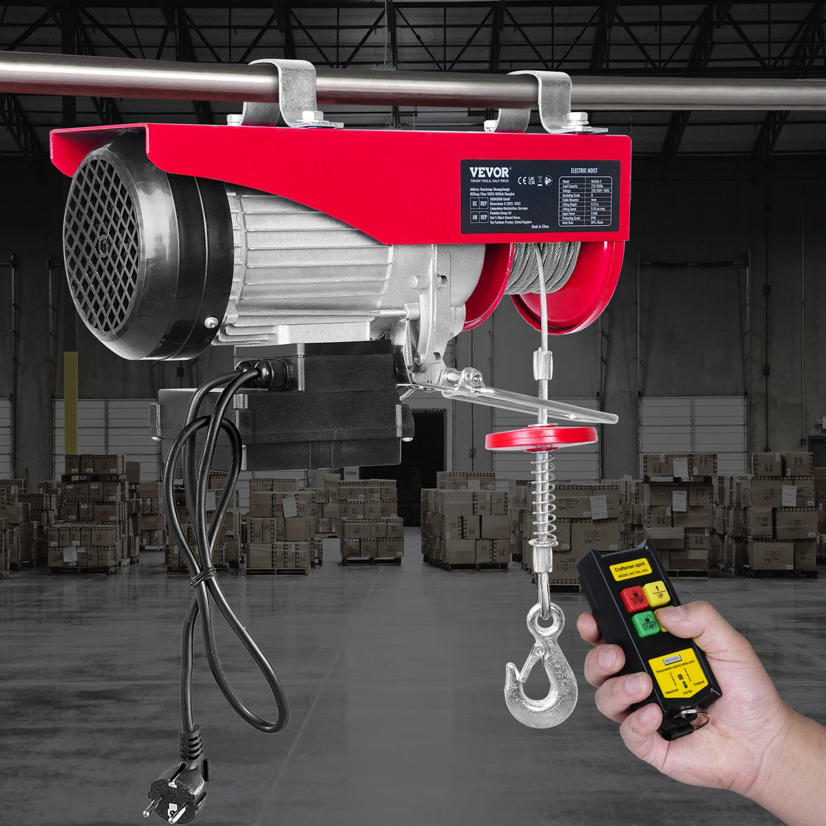 VEVOR Electric Hoist, 250 kg Lifting Capacity, 510 W, 220 V Steel Rope Winch with Wireless Remote Control, 12 m Lifting Height (Single Rope), Pure Copper Motor, Suitable for Garage, Warehouse, Factory