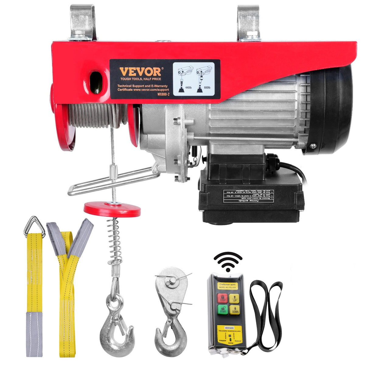 VEVOR Electric Hoist, 400 kg Lifting Capacity, 850 W, 220 V Steel Wire Rope Winch with Wireless Remote Control, 12 m Lifting Height (Single Rope), Pure Copper Motor, Suitable for Garage, Warehouse, Factory