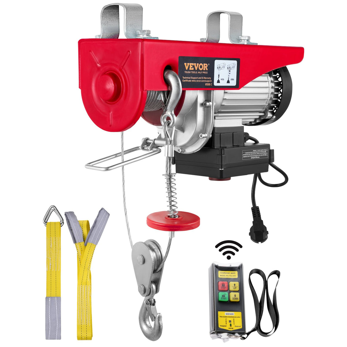 VEVOR Electric Hoist, 400 kg Lifting Capacity, 850 W, 220 V Steel Wire Rope Winch with Wireless Remote Control, 12 m Lifting Height (Single Rope), Pure Copper Motor, Suitable for Garage, Warehouse, Factory