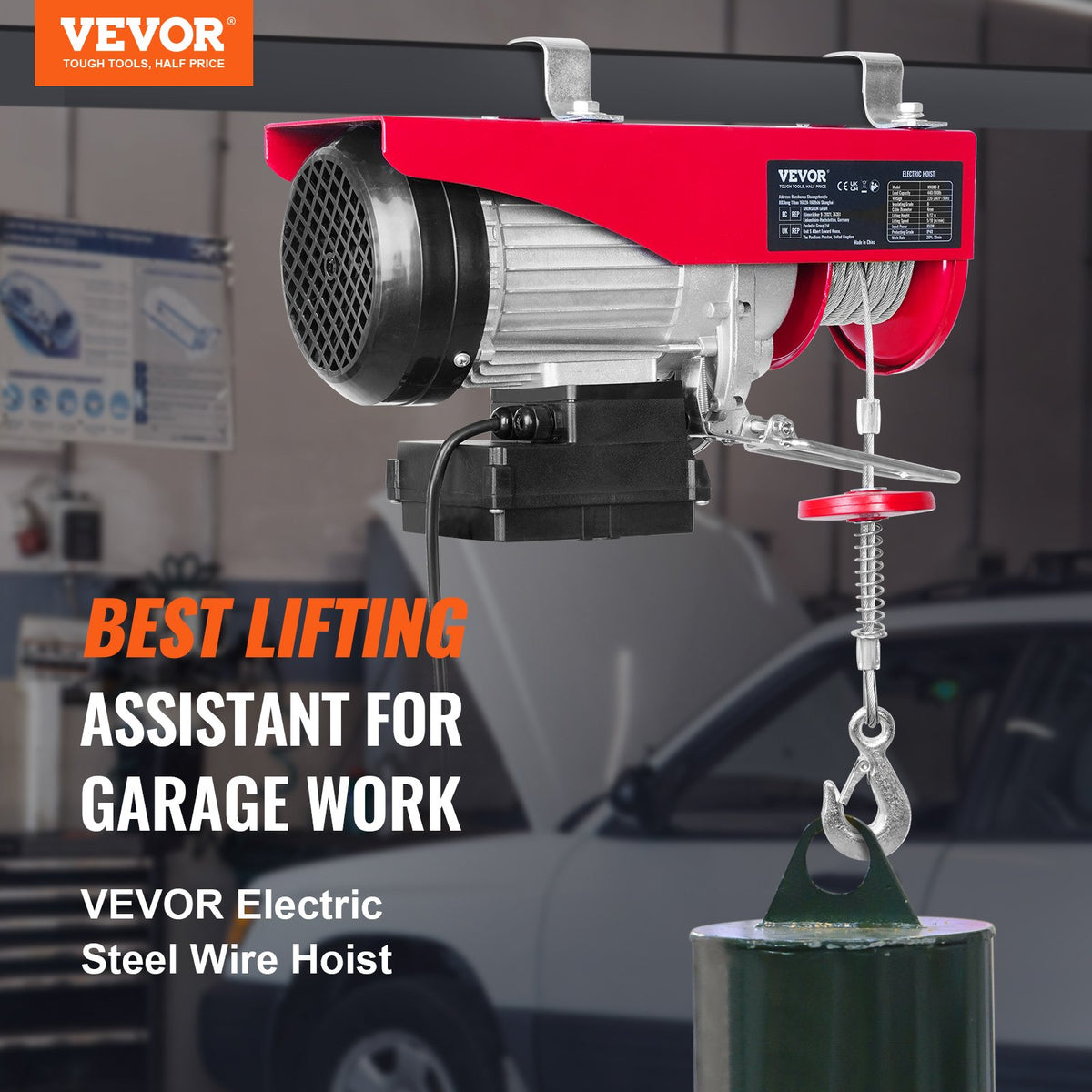 VEVOR Electric Hoist, 400 kg Lifting Capacity, 850 W, 220 V Steel Wire Rope Winch with Wireless Remote Control, 12 m Lifting Height (Single Rope), Pure Copper Motor, Suitable for Garage, Warehouse, Factory