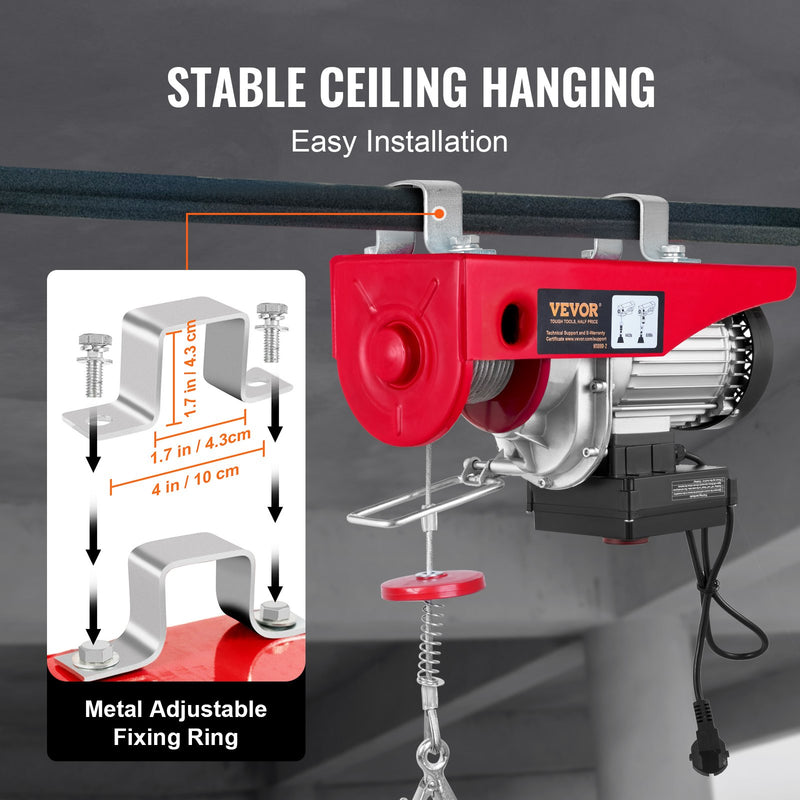VEVOR elektriskais pacēlājs, 400 kg celtspēja, 850 W, 220 V tērauda troses vinča ar bezvadu tālvadību, 12 m pacelšanas augstums (vienkāršā trose), tīra vara motors, paredzēts garāžai, noliktavai, rūpnīcai