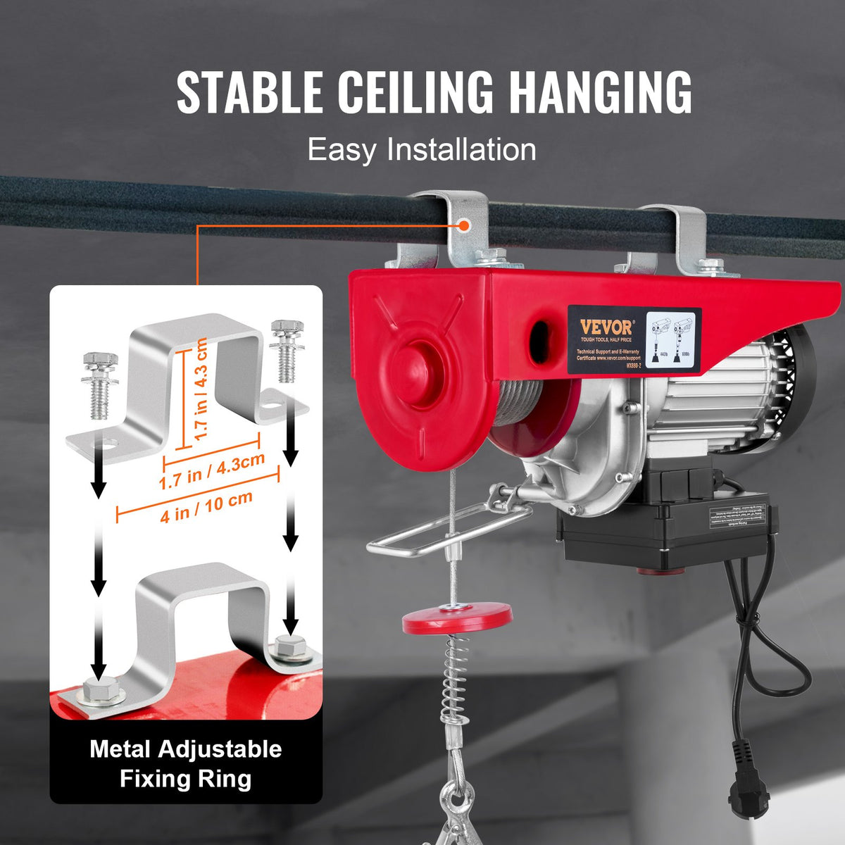 VEVOR Electric Hoist, 400 kg Lifting Capacity, 850 W, 220 V Steel Wire Rope Winch with Wireless Remote Control, 12 m Lifting Height (Single Rope), Pure Copper Motor, Suitable for Garage, Warehouse, Factory