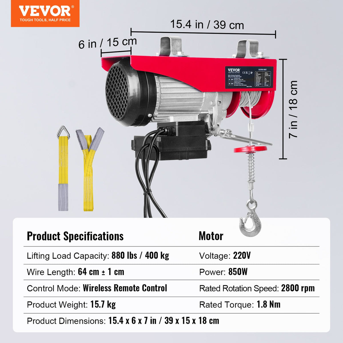 VEVOR Electric Hoist, 400 kg Lifting Capacity, 850 W, 220 V Steel Wire Rope Winch with Wireless Remote Control, 12 m Lifting Height (Single Rope), Pure Copper Motor, Suitable for Garage, Warehouse, Factory