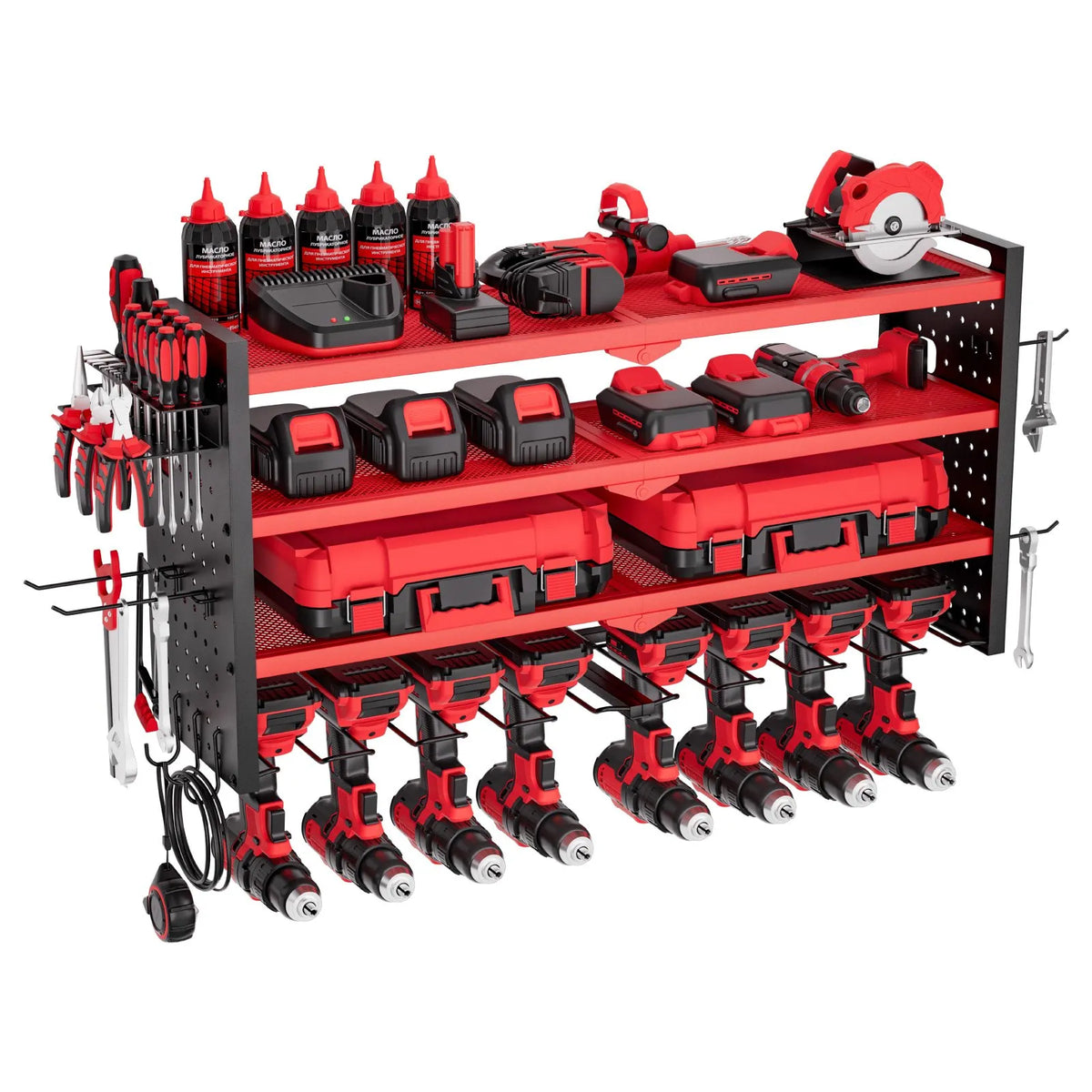 VEVOR Wall-Mounted Tool Rack 4-Tier with 8 Drill Holders and Perforated Side Panels